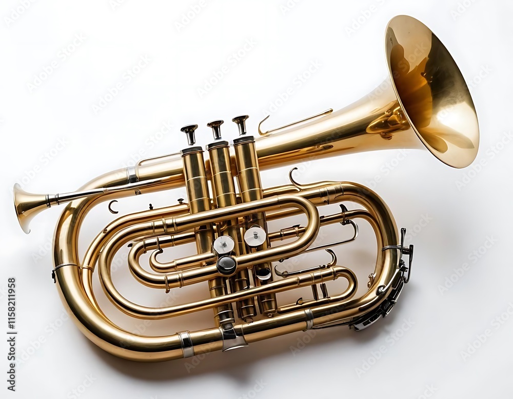 Obraz premium A gleaming golden flugelhorn rests on white