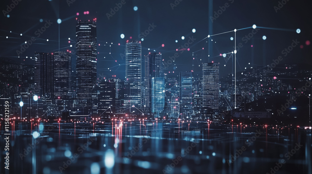 Smart digital Innovation city with connection network reciprocity over the cityscape. of future smart wireless digital city and social media networking systems that connects people with in city Smart digital Innovation city with connection network reciprocity over the cityscape. of future smart wireless digital city and social media networking systems that connects people with in city