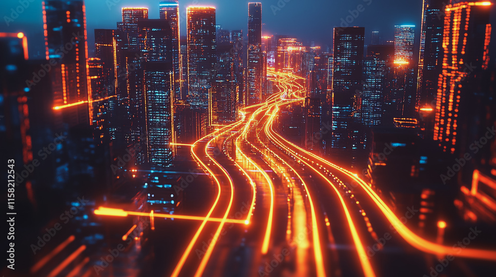 Smart digital Innovation city with connection network reciprocity over the cityscape. of future smart wireless digital city and social media networking systems that connects people with in city