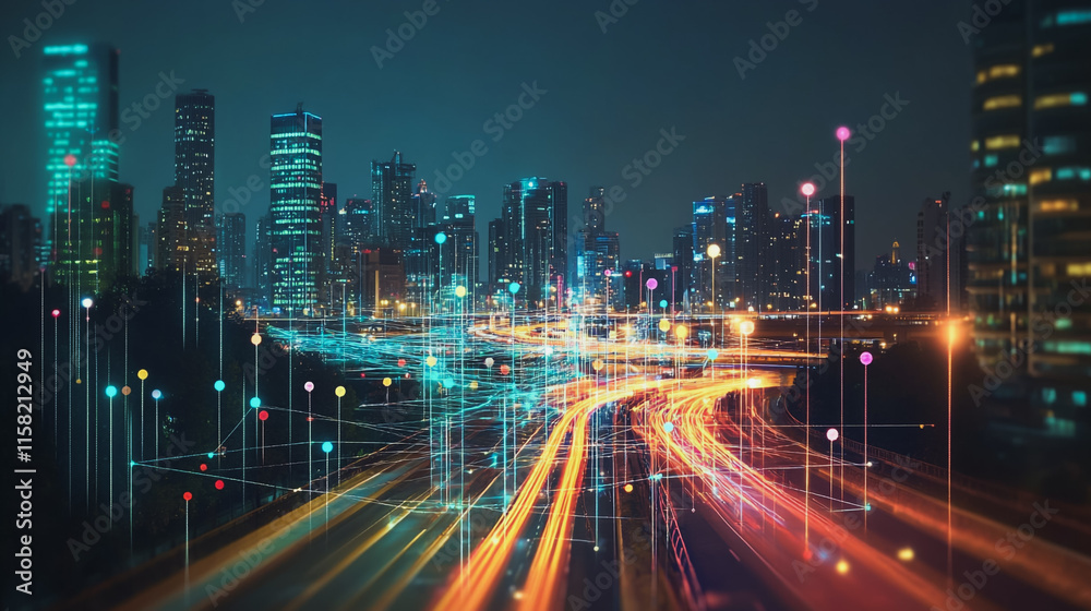 Smart digital Innovation city with connection network reciprocity over the cityscape. of future smart wireless digital city and social media networking systems that connects people with in city Smart digital Innovation city with connection network reciprocity over the cityscape. of future smart wireless digital city and social media networking systems that connects people with in city