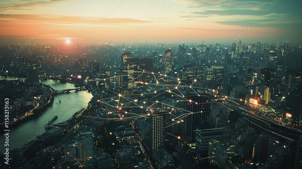 Obraz premium Smart digital Innovation city with connection network reciprocity over the cityscape. of future smart wireless digital city and social media networking systems that connects people with in city