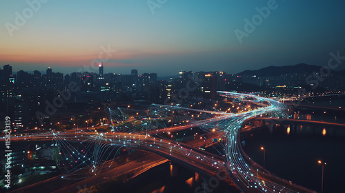Smart digital Innovation city with connection network reciprocity over the cityscape. of future smart wireless digital city and social media networking systems that connects people with in city