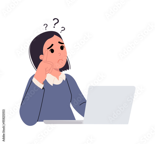 A young woman works online while sitting in front of her laptop, staring at the screen, feeling confused and out of ideas.