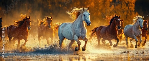 A herd of horses galloping over a shimmering lake.