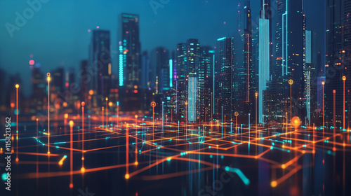 Smart digital Innovation city with connection network reciprocity over the cityscape. of future smart wireless digital city and social media networking systems that connects people with in city