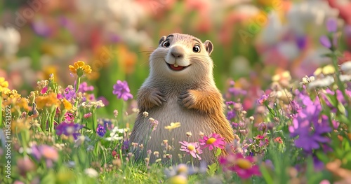 Happy Cartoon Groundhog in Spring Meadow with Flowers – Fun Wildlife Illustration