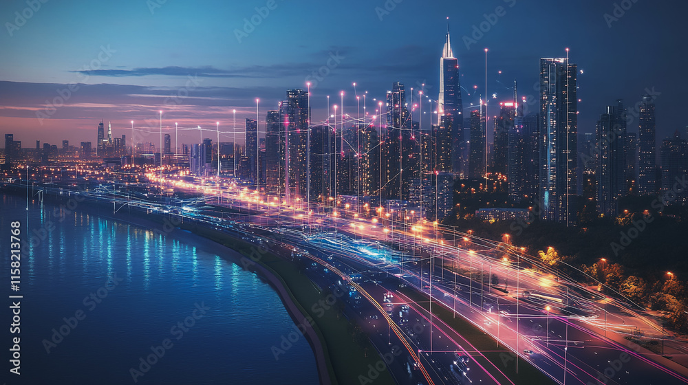 Smart digital Innovation city with connection network reciprocity over the cityscape. of future smart wireless digital city and social media networking systems that connects people with in city Smart digital Innovation city with connection network reciprocity over the cityscape. of future smart wireless digital city and social media networking systems that connects people with in city