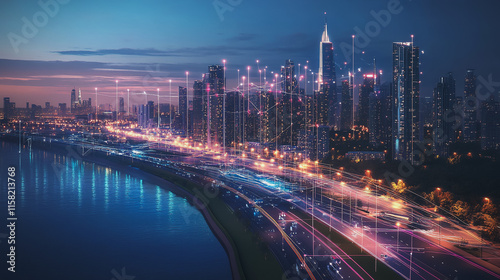 Smart digital Innovation city with connection network reciprocity over the cityscape. of future smart wireless digital city and social media networking systems that connects people with in city