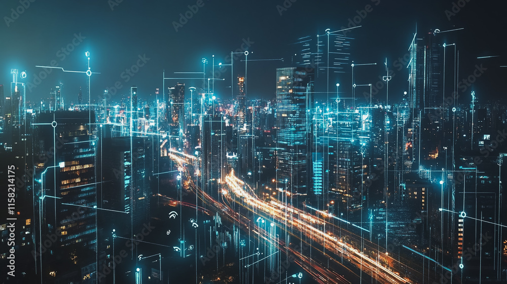 Smart digital Innovation city with connection network reciprocity over the cityscape. of future smart wireless digital city and social media networking systems that connects people with in city Smart digital Innovation city with connection network reciprocity over the cityscape. of future smart wireless digital city and social media networking systems that connects people with in city