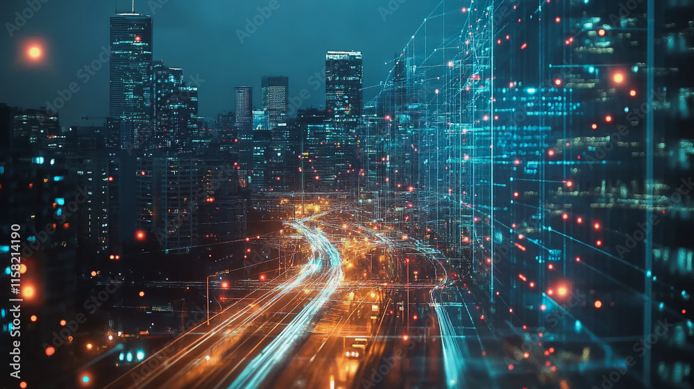 Smart digital Innovation city with connection network reciprocity over the cityscape. of future smart wireless digital city and social media networking systems that connects people with in city Smart digital Innovation city with connection network reciprocity over the cityscape. of future smart wireless digital city and social media networking systems that connects people with in city