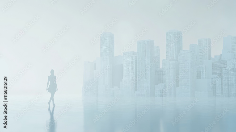 A person walks through a foggy urban landscape. A person walks through a foggy urban landscape.