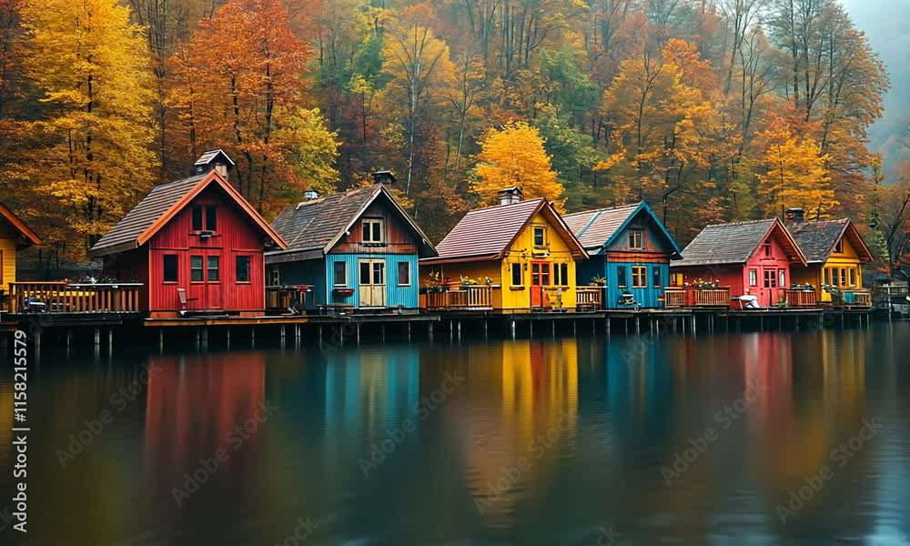 Colorful houses by a serene lake surrounded by autumn foliage. Colorful houses by a serene lake surrounded by autumn foliage.