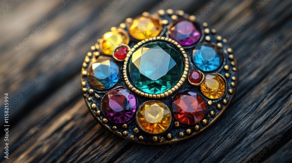 Obraz premium Colorful Gemstone Brooch Rests on Dark Wood