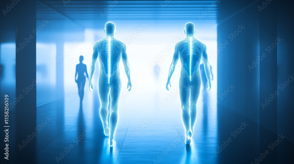 Abstract glowing figures walking in a corridor. Abstract glowing figures walking in a corridor.