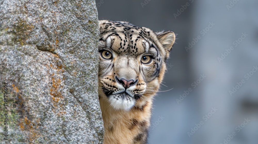 Obraz premium A close-up of a snow leopard peering from behind a rock, showcasing its striking features.
