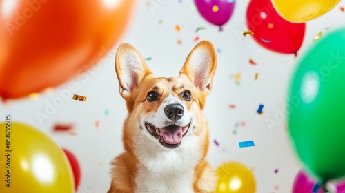 Welsh Corgi celebrating 2025. Featuring a festive New Year��s backdrop with colorful balloons and confetti