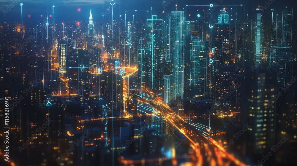 Smart Innovation city with connection cyber security network reciprocity over the night cityscape future wireless digital city and social media networking systems that connects people in the city Smart Innovation city with connection cyber security network reciprocity over the night cityscape future wireless digital city and social media networking systems that connects people in the city