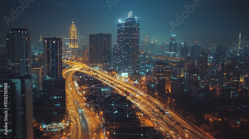 Smart Innovation city with connection cyber security network reciprocity over the night cityscape future wireless digital city and social media networking systems that connects people in the city