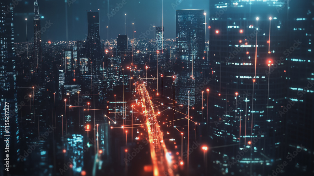 Smart Innovation city with connection cyber security network reciprocity over the night cityscape future wireless digital city and social media networking systems that connects people in the city Smart Innovation city with connection cyber security network reciprocity over the night cityscape future wireless digital city and social media networking systems that connects people in the city