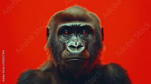 Close-up portrait of a gorilla against a vibrant red background. photo