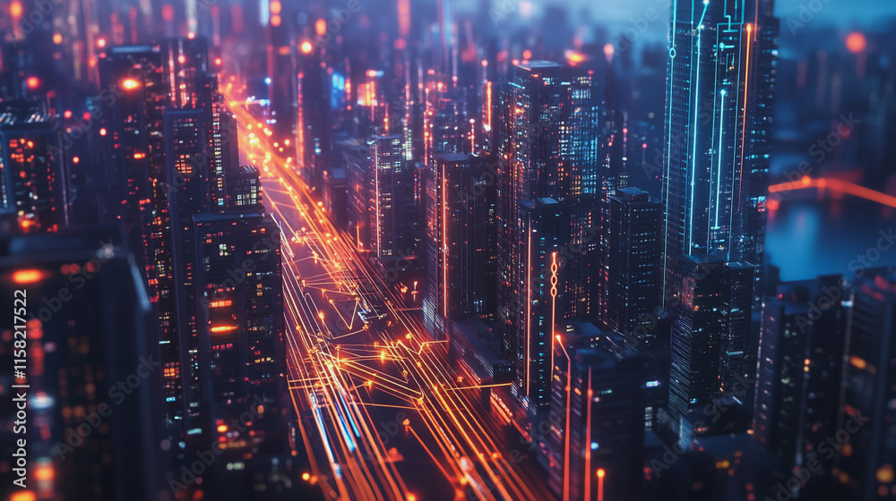 Smart Innovation city with connection cyber security network reciprocity over the night cityscape future wireless digital city and social media networking systems that connects people in the city