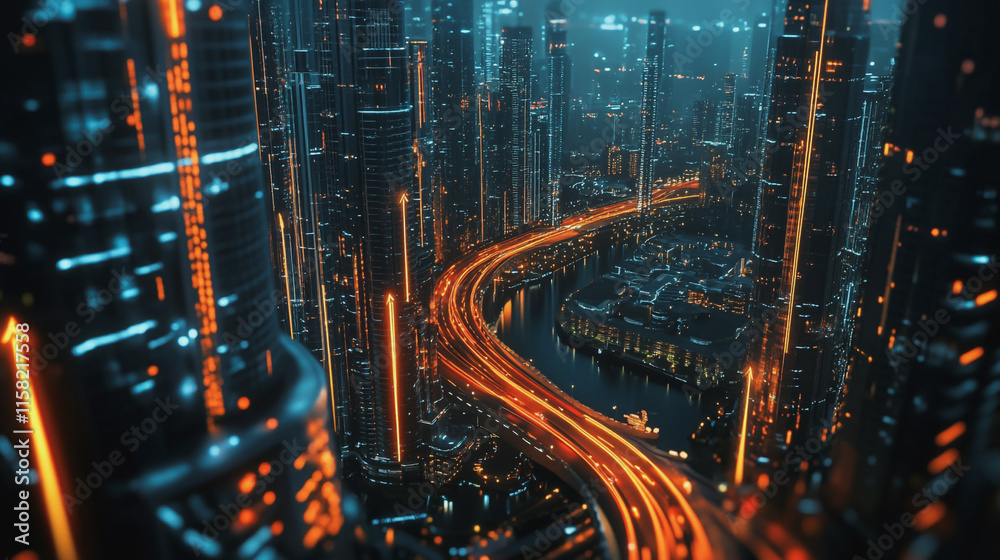 Fototapeta premium Smart Innovation city with connection cyber security network reciprocity over the night cityscape future wireless digital city and social media networking systems that connects people in the city