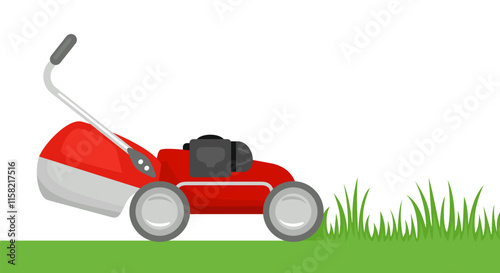 Lawn mower cutting green grass. Vector cartoon flat illustration.