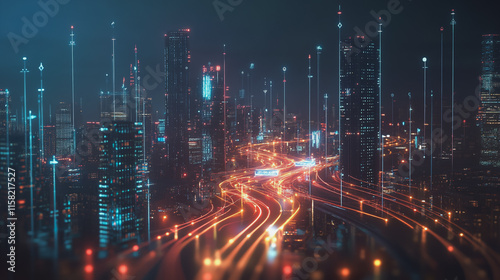 Wallpaper Mural Smart Innovation city with connection cyber security network reciprocity over the night cityscape future wireless digital city and social media networking systems that connects people in the city Torontodigital.ca