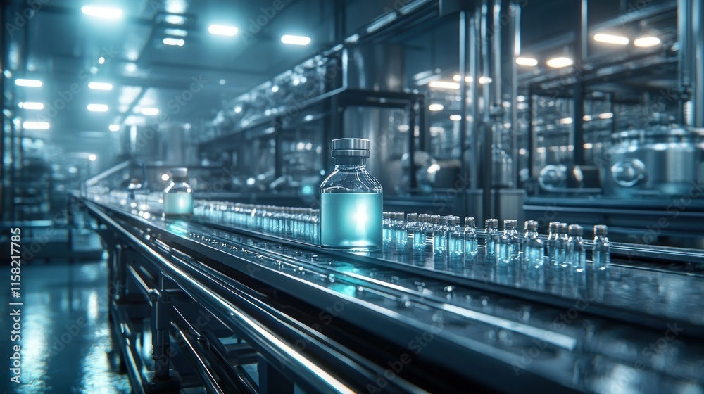 Obraz premium A modern pharmaceutical production facility with vials on a conveyor belt.