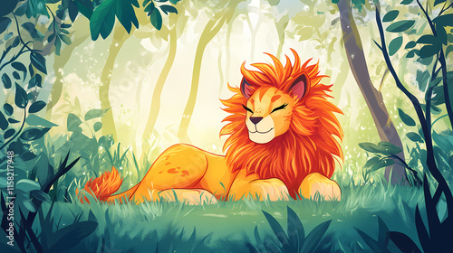 A peaceful chimera resting in a tranquil forest glade. Chimera. Illustration photo