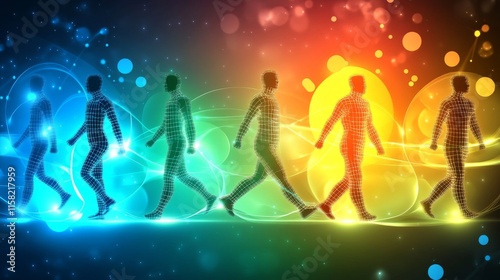 Colorful illustration of human evolution stages.