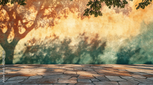 A graphical texture showing tree shadows projected on a gradient wall transitioning from peach to emerald green photo