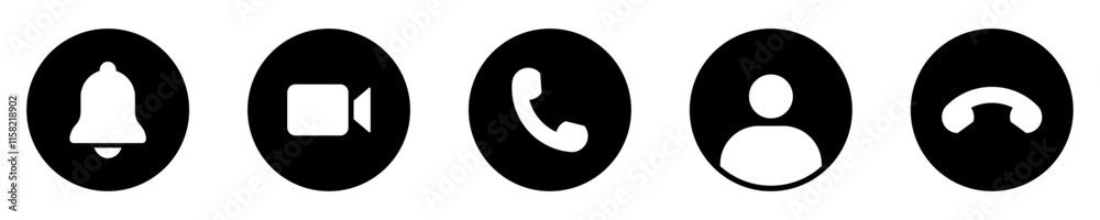Collection of buttons for the phone call user. Video communication buttons. Avatar, video call, handset, notification and mute buttons. Interface buttons for mobile connection. Vector illustration. Collection of buttons for the phone call user. Video communication buttons. Avatar, video call, handset, notification and mute buttons. Interface buttons for mobile connection. Vector illustration.