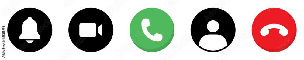 Collection of buttons for the phone call user. Video communication buttons. Avatar, video call, handset, notification and mute buttons. Interface buttons for mobile connection. Vector illustration. Collection of buttons for the phone call user. Video communication buttons. Avatar, video call, handset, notification and mute buttons. Interface buttons for mobile connection. Vector illustration.