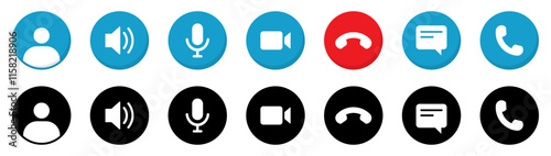 Collection of buttons for the phone call user. Video communication buttons. Avatar, video call, handset, speaker, message, and mute buttons. Interface buttons for mobile connection. Vector icons.