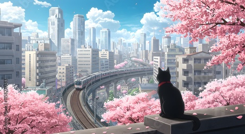 Cherry Blossoms, City, and a Cat