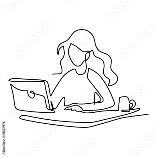 Secretary On Computer Office Graphic Design Line Art Vector Decoration