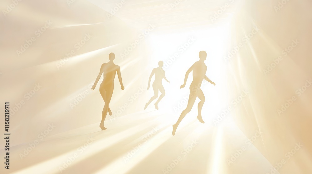 Obraz premium Figures running towards a bright, illuminated exit.