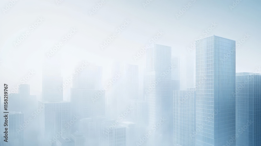 Foggy skyline with modern skyscrapers looming. Foggy skyline with modern skyscrapers looming.
