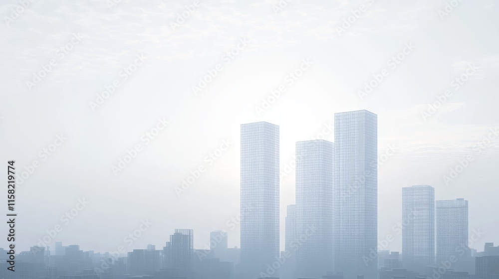 Foggy skyline with tall buildings at sunrise Foggy skyline with tall buildings at sunrise