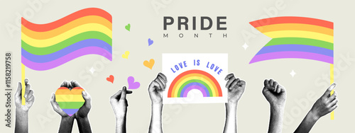 Fashionable halftone collage. Vertical collage on pride month theme against violence, human rights violation. Hands with halftone effect holding banner, heart,rainbow and transgender flag posters