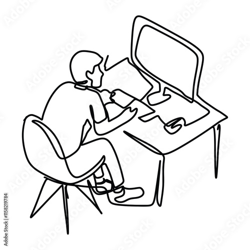 Secretary On Computer Office Graphic Design Line Art Vector Decoration