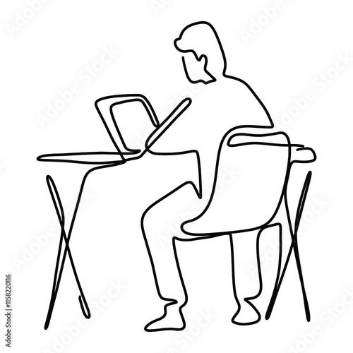 Secretary On Computer Office Graphic Design Line Art Vector Decoration