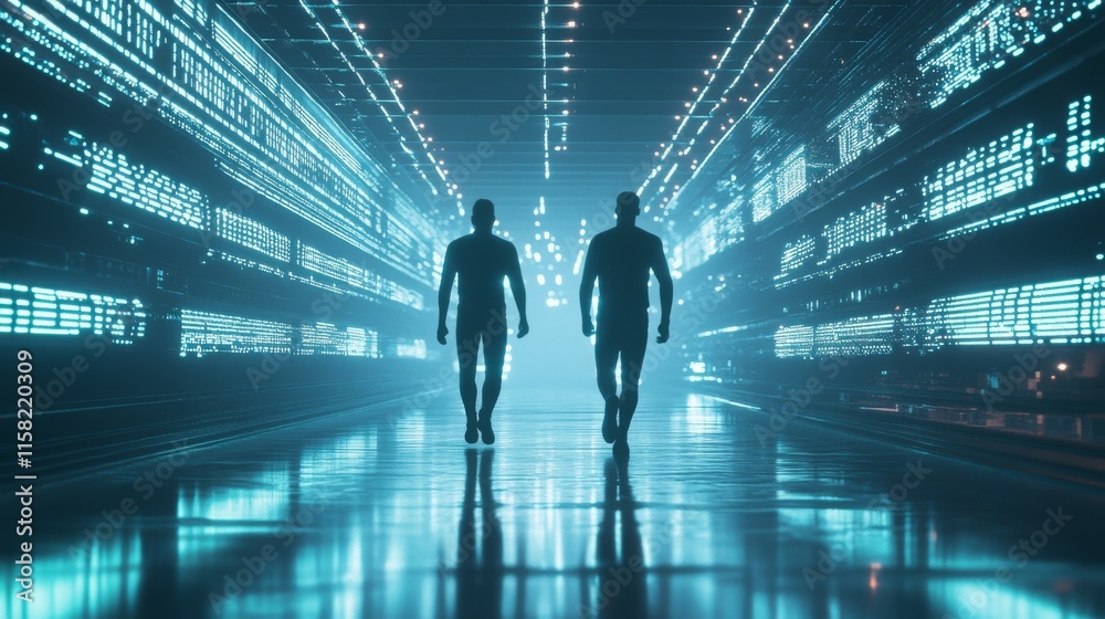Futuristic figures walk in a digital landscape. Futuristic figures walk in a digital landscape.