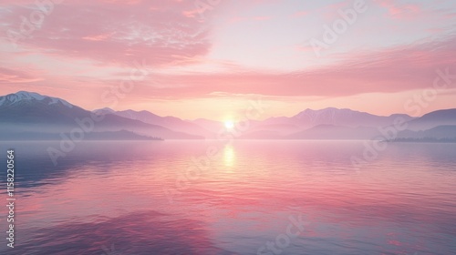 Serene sunset over tranquil water with mountains in the background.