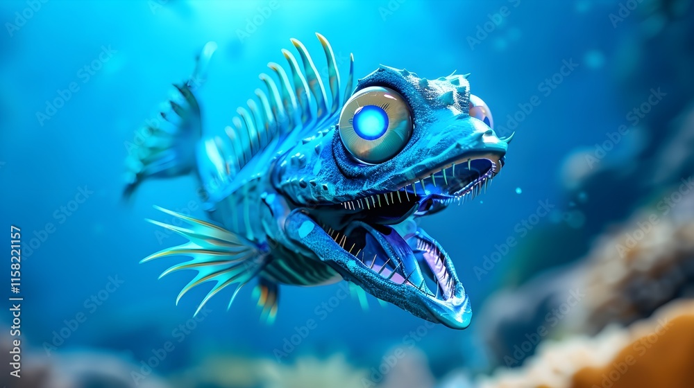 A stylized, 3D rendered image of a fantastical fish swimming in a deep blue ocean. A stylized, 3D rendered image of a fantastical fish swimming in a deep blue ocean.