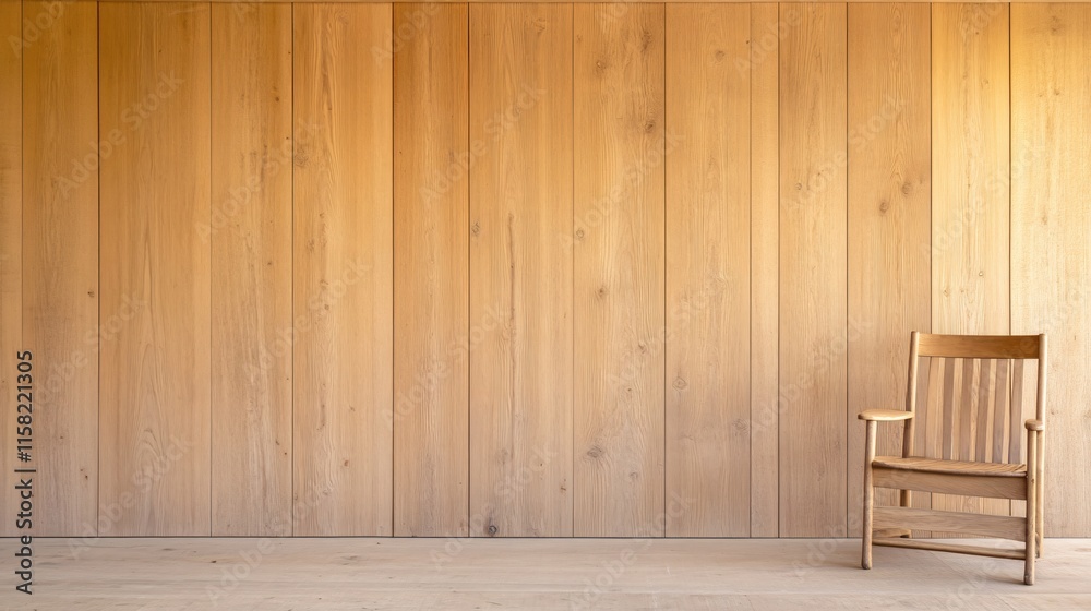 Simple Wooden Chair Against Minimalist Natural Wood Wall Interior Design