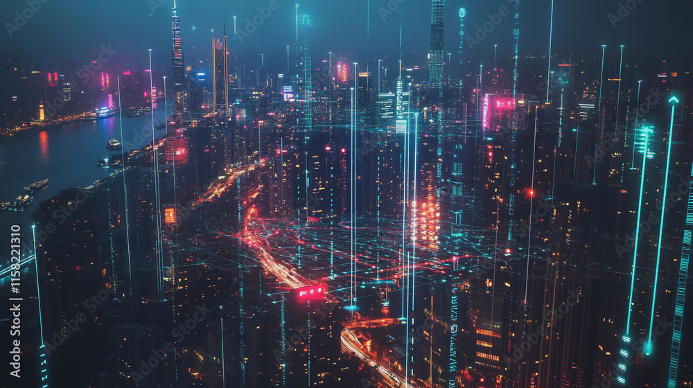Fototapeta premium Smart Innovation city with connection cyber security network reciprocity over the night cityscape future wireless digital city and social media networking systems that connects people in the city