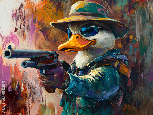 Humorous illustrations duck wielding shotgun detailed outfit creative styles dynamic pose quirky adventurous vibe rain military wallpaper character design concept gang cool mob hunt wallpaper photo