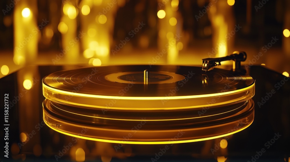 Obraz premium A glowing turntable with a reflective surface, showcasing a vinyl record in a vibrant setting.